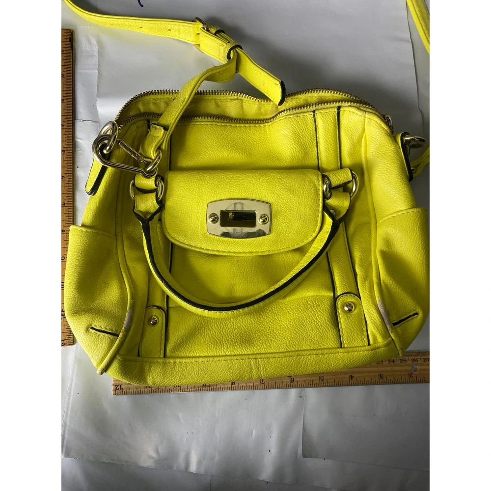 Bright Yellow Faux Leather Satchel Handbag with Adjustable Strap - Picture 5 of 6